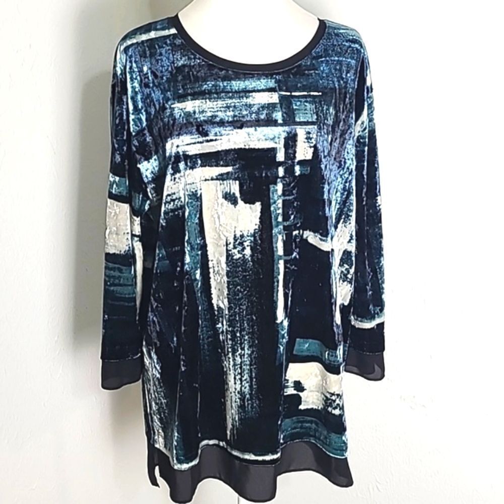 Jones New York Blue Black, White Soft Velvety Top, Black Sheer Hemline, Medium